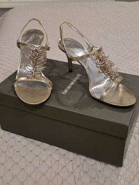 Emporio Armani Gold Metallic Embellished Slingback Heels